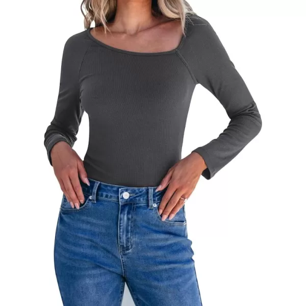 luvamia Womens Long Sleeve Tops Asymmetrical Neck Shirts Trendy Fall Clothes Going Out Stretchy Top Fitted BlousesGray