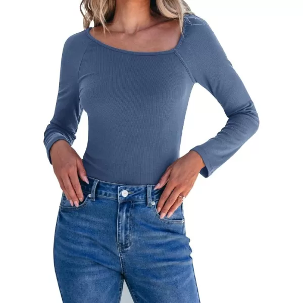 luvamia Womens Long Sleeve Tops Asymmetrical Neck Shirts Trendy Fall Clothes Going Out Stretchy Top Fitted BlousesGray Blue