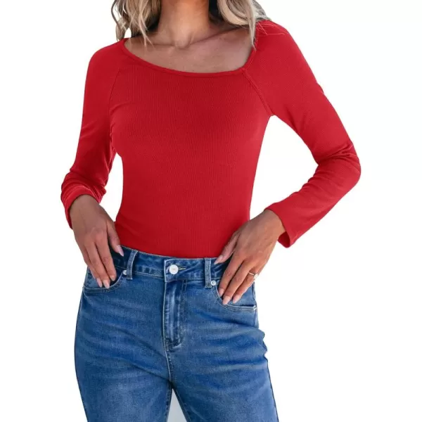 luvamia Womens Long Sleeve Tops Asymmetrical Neck Shirts Trendy Fall Clothes Going Out Stretchy Top Fitted BlousesRed