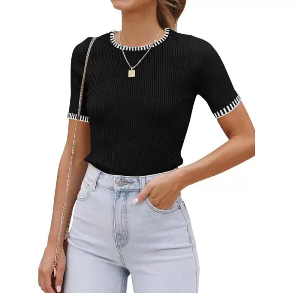 luvamia Womens Tops Trendy Business Casual Summer Short Sleeve Sweater Top Slim Fit Color Block Crewneck Ribbed Knit TeeBlack