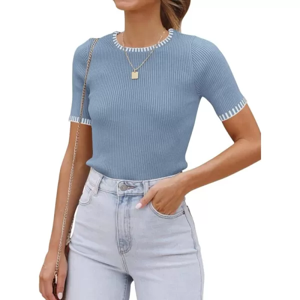 luvamia Womens Tops Trendy Business Casual Summer Short Sleeve Sweater Top Slim Fit Color Block Crewneck Ribbed Knit TeeBlue Gray