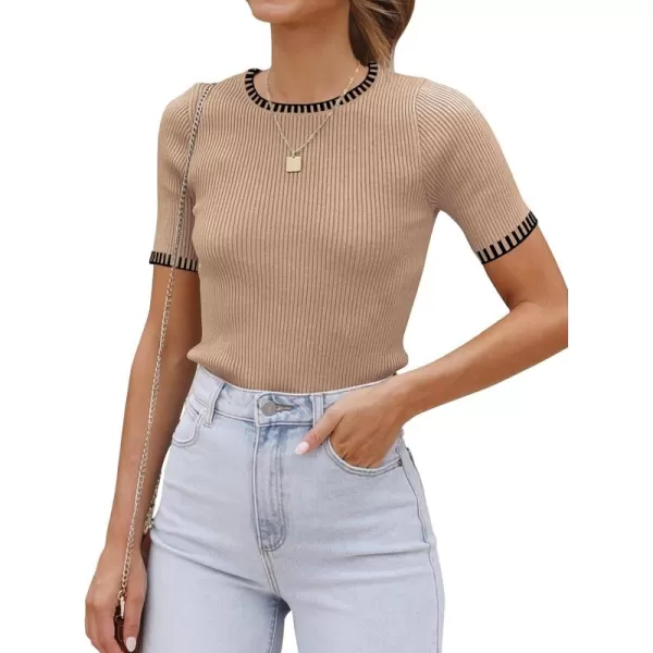 luvamia Womens Tops Trendy Business Casual Summer Short Sleeve Sweater Top Slim Fit Color Block Crewneck Ribbed Knit TeeCamel