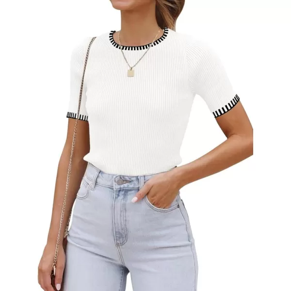 luvamia Womens Tops Trendy Business Casual Summer Short Sleeve Sweater Top Slim Fit Color Block Crewneck Ribbed Knit TeeCream White