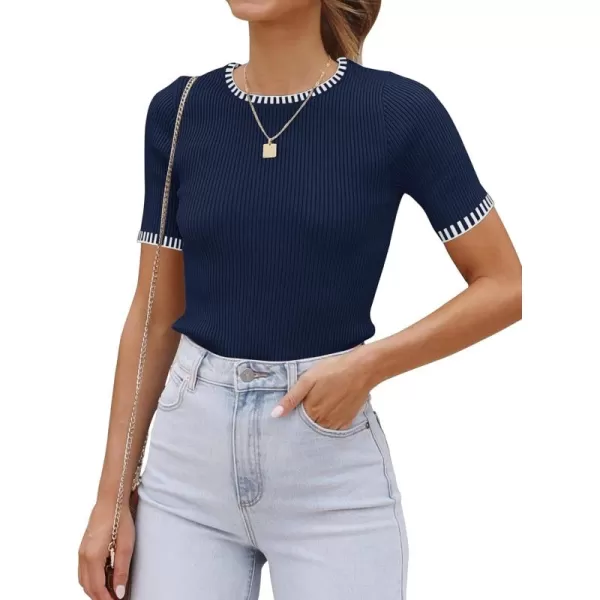 luvamia Womens Tops Trendy Business Casual Summer Short Sleeve Sweater Top Slim Fit Color Block Crewneck Ribbed Knit TeeDark Blue