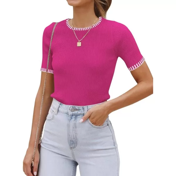 luvamia Womens Tops Trendy Business Casual Summer Short Sleeve Sweater Top Slim Fit Color Block Crewneck Ribbed Knit TeeHot Pink