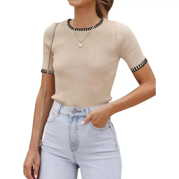 luvamia Womens Tops Trendy Business Casual Summer Short Sleeve Sweater Top Slim Fit Color Block Crewneck Ribbed Knit TeeLight Beige