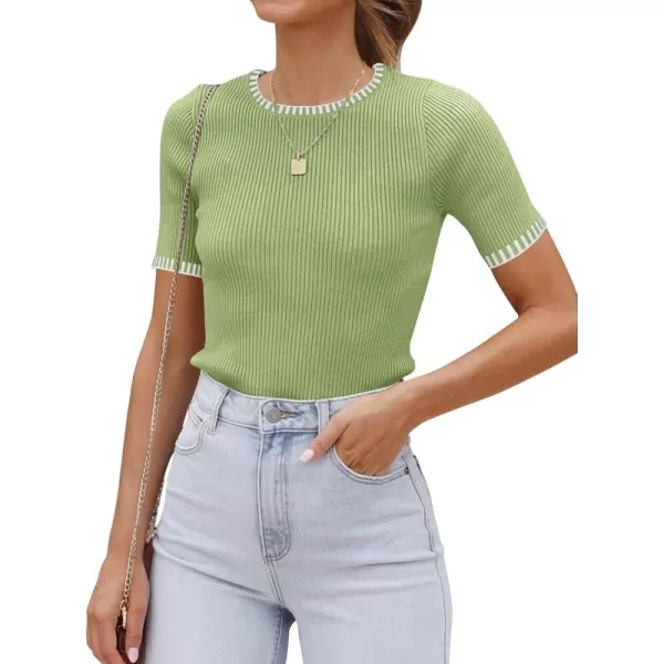 luvamia Womens Tops Trendy Business Casual Summer Short Sleeve Sweater Top Slim Fit Color Block Crewneck Ribbed Knit TeeTarragon Green