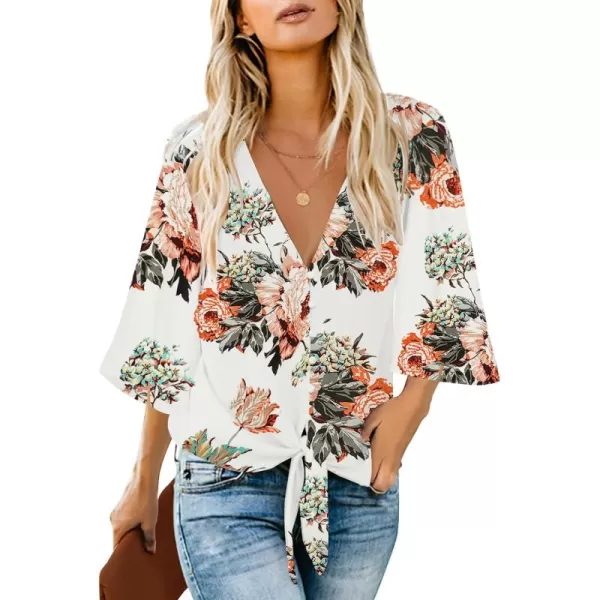 luvamia Womens V Neck Tops 34 Sleeve Tie Knot Floral Blouses Button Down ShirtsApricot