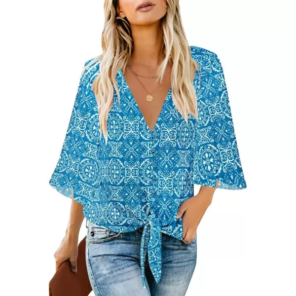 luvamia Womens V Neck Tops 34 Sleeve Tie Knot Floral Blouses Button Down ShirtsBlue