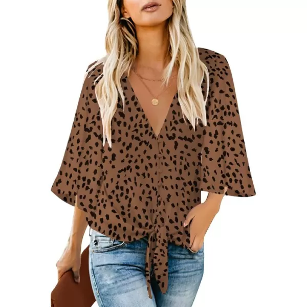 luvamia Womens V Neck Tops 34 Sleeve Tie Knot Floral Blouses Button Down ShirtsBrown Leopard Print