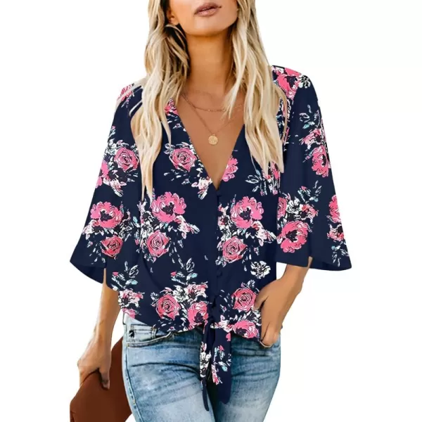 luvamia Womens V Neck Tops 34 Sleeve Tie Knot Floral Blouses Button Down ShirtsFloral Print  Pageant Blue