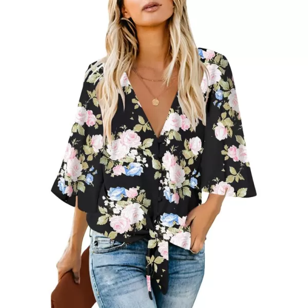 luvamia Womens V Neck Tops 34 Sleeve Tie Knot Floral Blouses Button Down ShirtsFloral Print Black