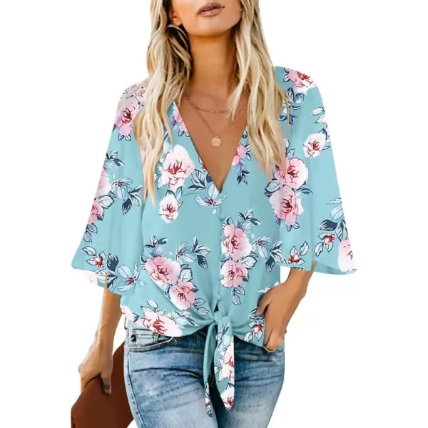 luvamia Womens V Neck Tops 34 Sleeve Tie Knot Floral Blouses Button Down ShirtsFloral Print Blue Topaz