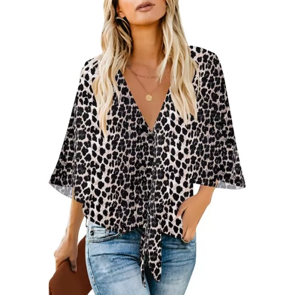 luvamia Womens V Neck Tops 34 Sleeve Tie Knot Floral Blouses Button Down ShirtsLeopard Print