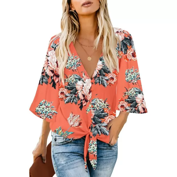 luvamia Womens V Neck Tops 34 Sleeve Tie Knot Floral Blouses Button Down ShirtsOrange