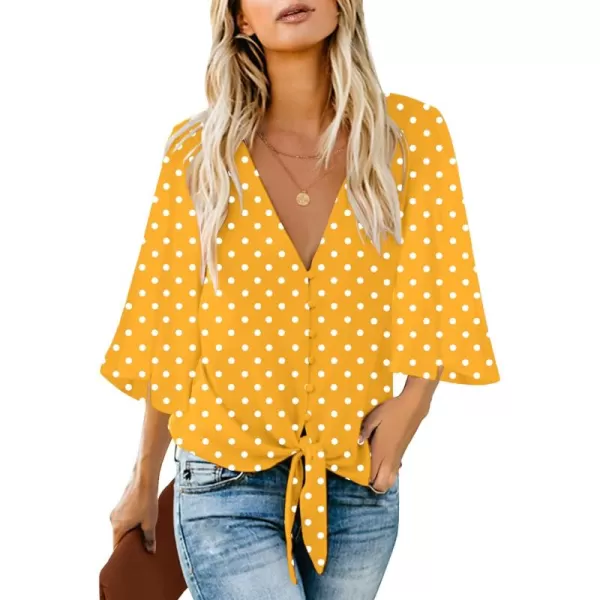 luvamia Womens V Neck Tops 34 Sleeve Tie Knot Floral Blouses Button Down ShirtsYellow