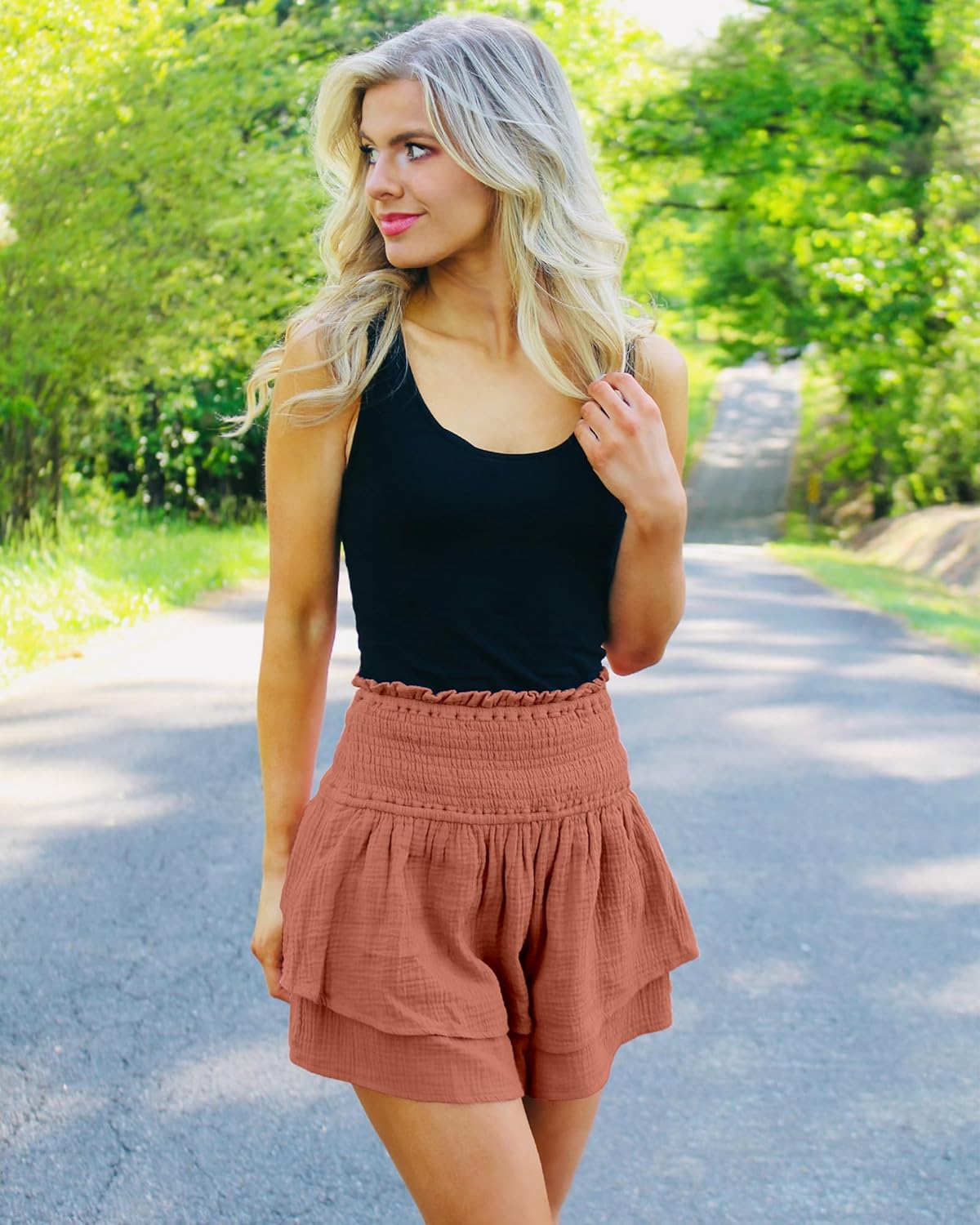 luvamia 2023 Shorts for Women Casual Summer High Waisted Smocked Ruffle Elastic Waist Flowy Tiered Pleated Beach ShortsRose Dawn