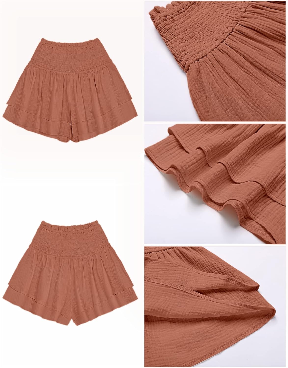 luvamia 2023 Shorts for Women Casual Summer High Waisted Smocked Ruffle Elastic Waist Flowy Tiered Pleated Beach ShortsRose Dawn