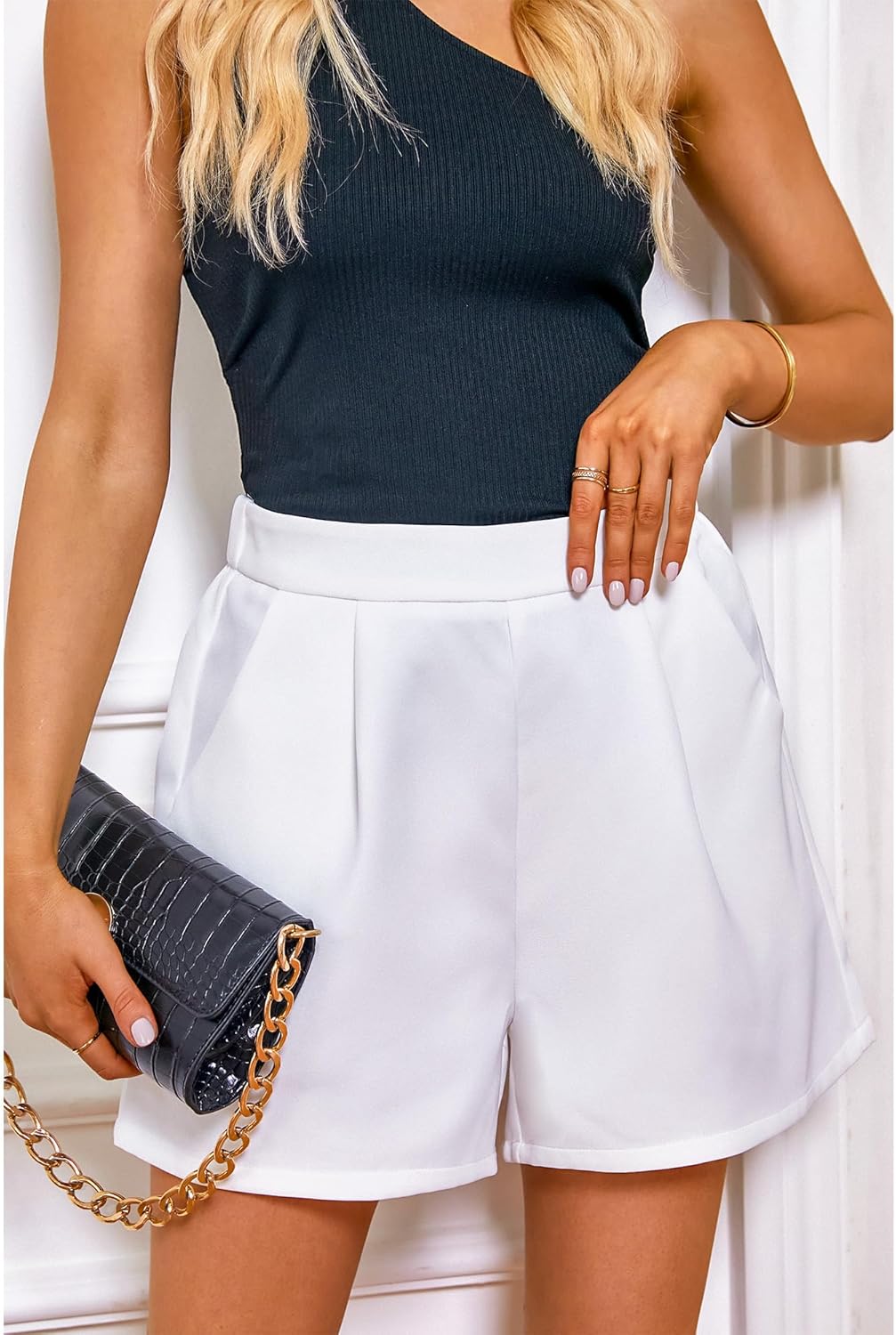 luvamia 2024 Dress Shorts for Women High Waisted Business Casual Outfits for Work Summer Pleated Short Dressy ShortsBrilliant White