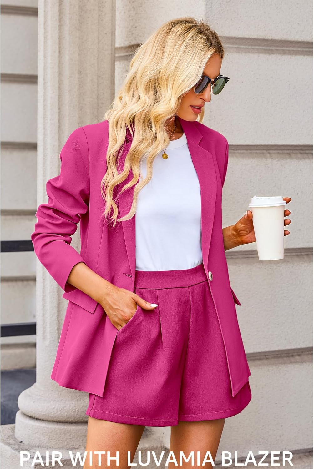 luvamia 2024 Dress Shorts for Women High Waisted Business Casual Outfits for Work Summer Pleated Short Dressy ShortsHot Pink