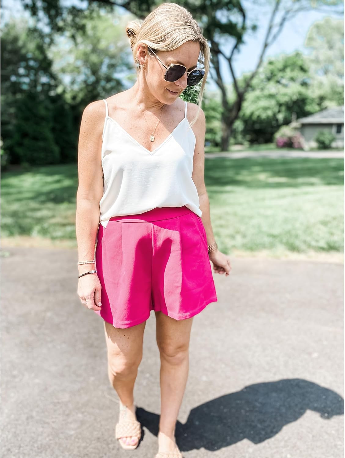 luvamia 2024 Dress Shorts for Women High Waisted Business Casual Outfits for Work Summer Pleated Short Dressy ShortsHot Pink