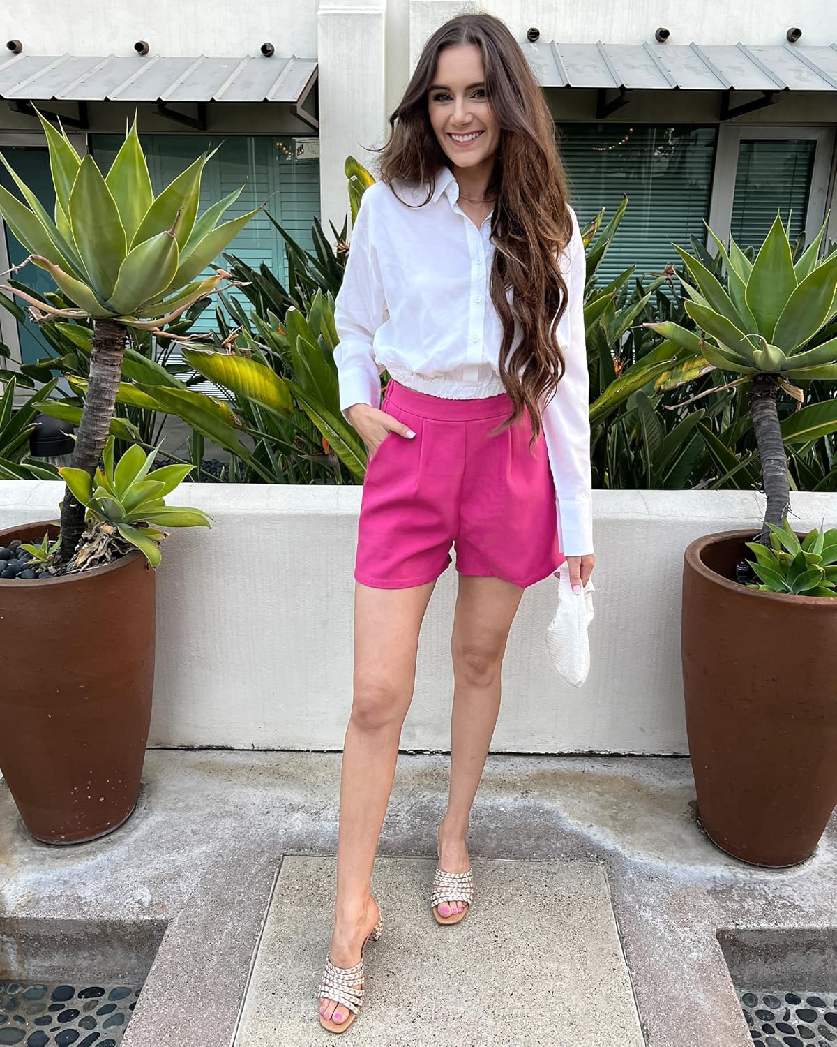 luvamia 2024 Dress Shorts for Women High Waisted Business Casual Outfits for Work Summer Pleated Short Dressy ShortsHot Pink