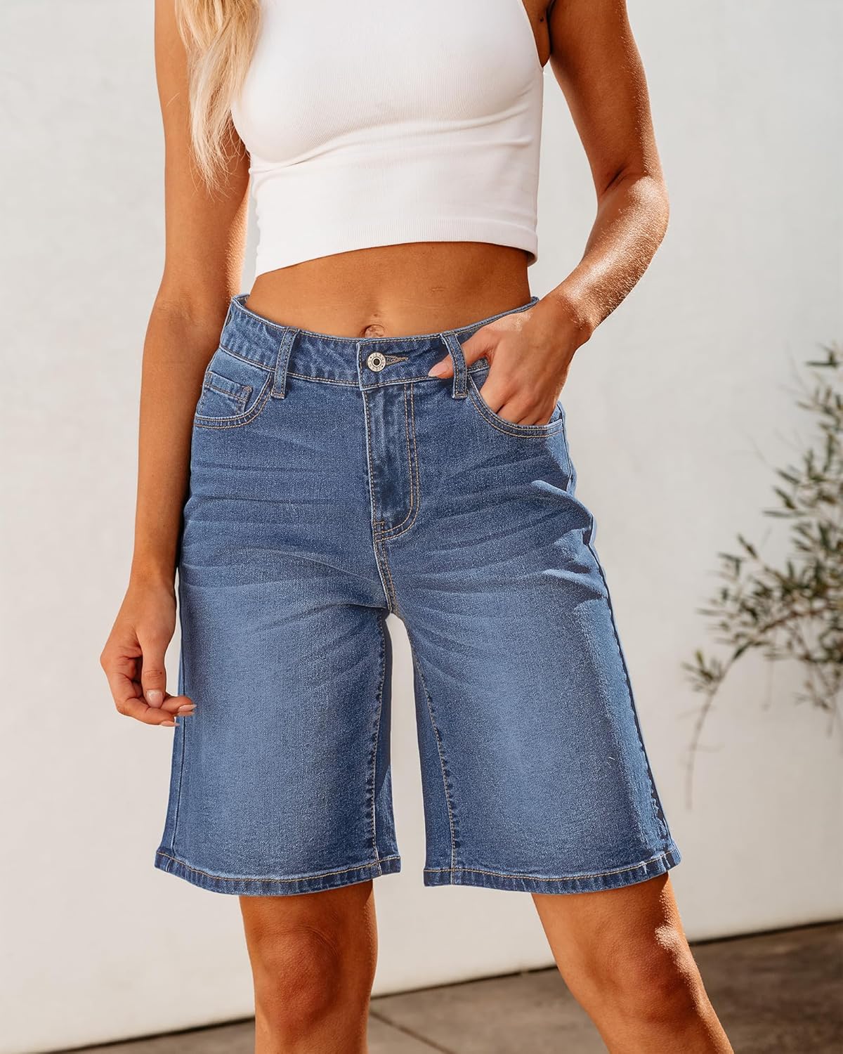 luvamia Bermuda Jean Shorts for Women High Waisted Trendy Stretchy Denim Shorts Knee Length Cutoff Loose Fit Long ShortsBay Blue