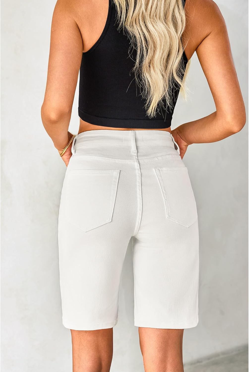 luvamia Bermuda Jean Shorts for Women High Waisted Trendy Stretchy Denim Shorts Knee Length Cutoff Loose Fit Long ShortsCream White