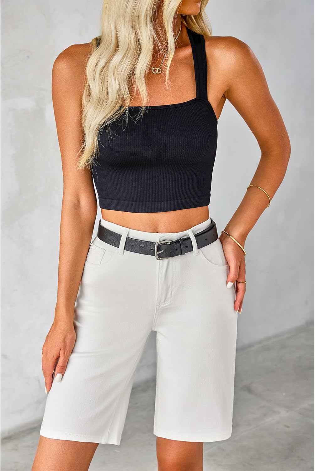 luvamia Bermuda Jean Shorts for Women High Waisted Trendy Stretchy Denim Shorts Knee Length Cutoff Loose Fit Long ShortsCream White