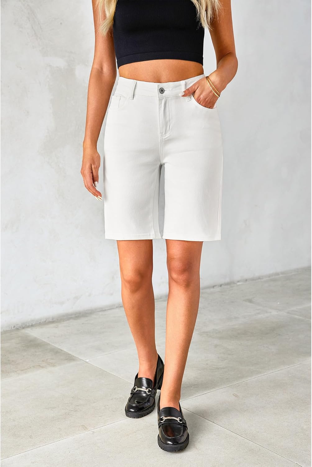 luvamia Bermuda Jean Shorts for Women High Waisted Trendy Stretchy Denim Shorts Knee Length Cutoff Loose Fit Long ShortsCream White