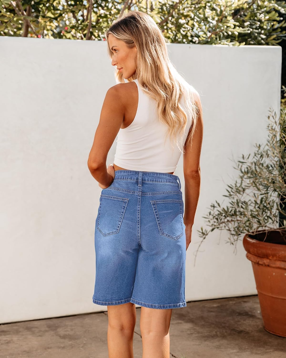 luvamia Bermuda Jean Shorts for Women High Waisted Trendy Stretchy Denim Shorts Knee Length Cutoff Loose Fit Long ShortsMedium Blue