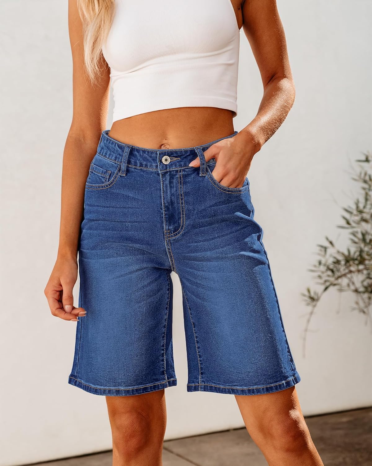 luvamia Bermuda Jean Shorts for Women High Waisted Trendy Stretchy Denim Shorts Knee Length Cutoff Loose Fit Long ShortsNightfall Blue