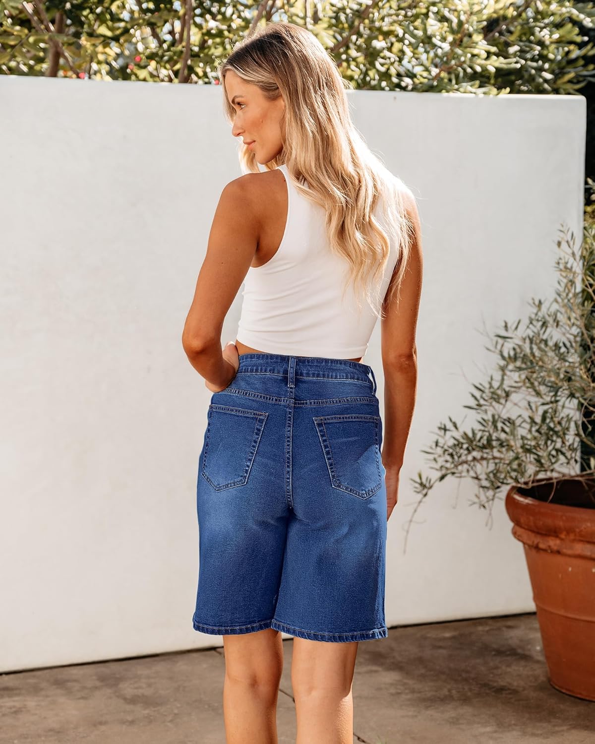 luvamia Bermuda Jean Shorts for Women High Waisted Trendy Stretchy Denim Shorts Knee Length Cutoff Loose Fit Long ShortsNightfall Blue