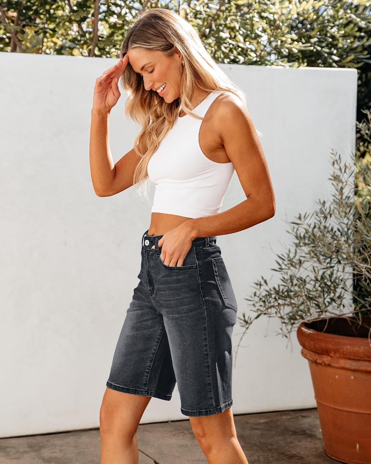 luvamia Bermuda Jean Shorts for Women High Waisted Trendy Stretchy Denim Shorts Knee Length Cutoff Loose Fit Long ShortsWashed Black
