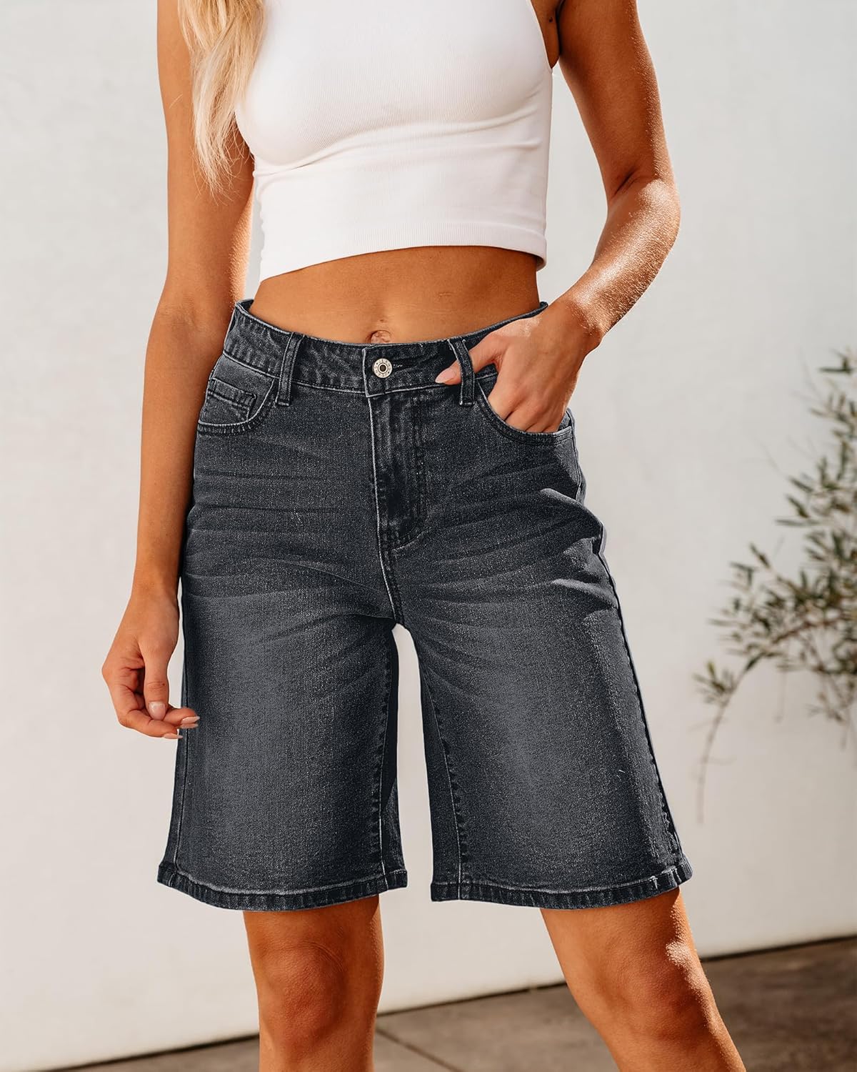 luvamia Bermuda Jean Shorts for Women High Waisted Trendy Stretchy Denim Shorts Knee Length Cutoff Loose Fit Long ShortsWashed Black