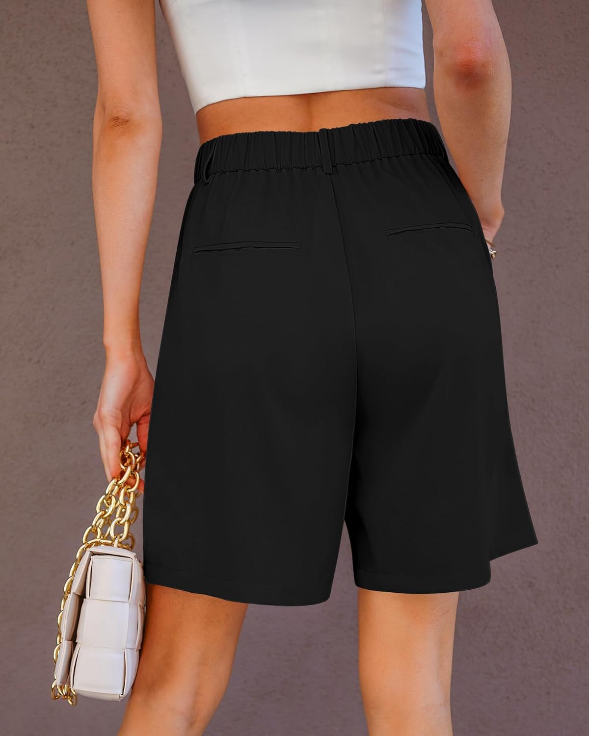 luvamia Bermuda Shorts for Women Dressy Casual High Waisted Summer Work Elastic Waist Pleated Dress Shorts with PocketsBlack