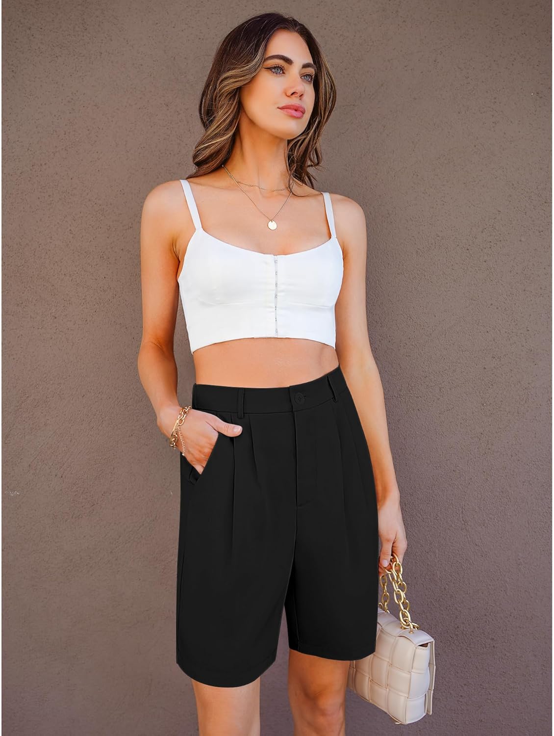 luvamia Bermuda Shorts for Women Dressy Casual High Waisted Summer Work Elastic Waist Pleated Dress Shorts with PocketsBlack