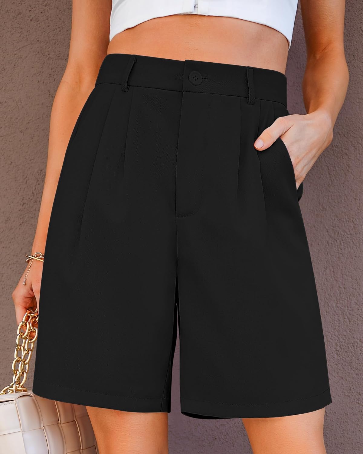 luvamia Bermuda Shorts for Women Dressy Casual High Waisted Summer Work Elastic Waist Pleated Dress Shorts with PocketsBlack