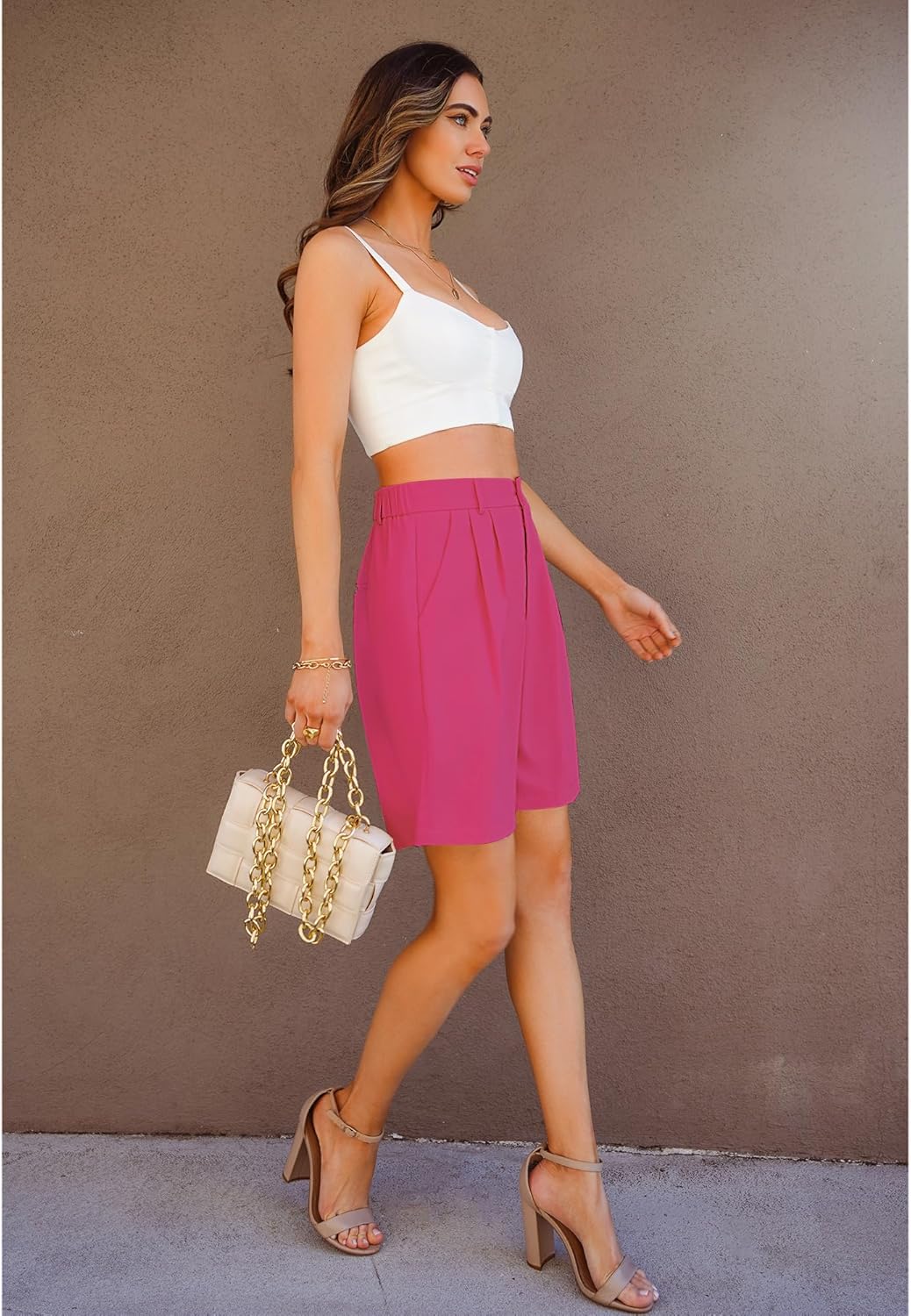 luvamia Bermuda Shorts for Women Dressy Casual High Waisted Summer Work Elastic Waist Pleated Dress Shorts with PocketsHot Pink