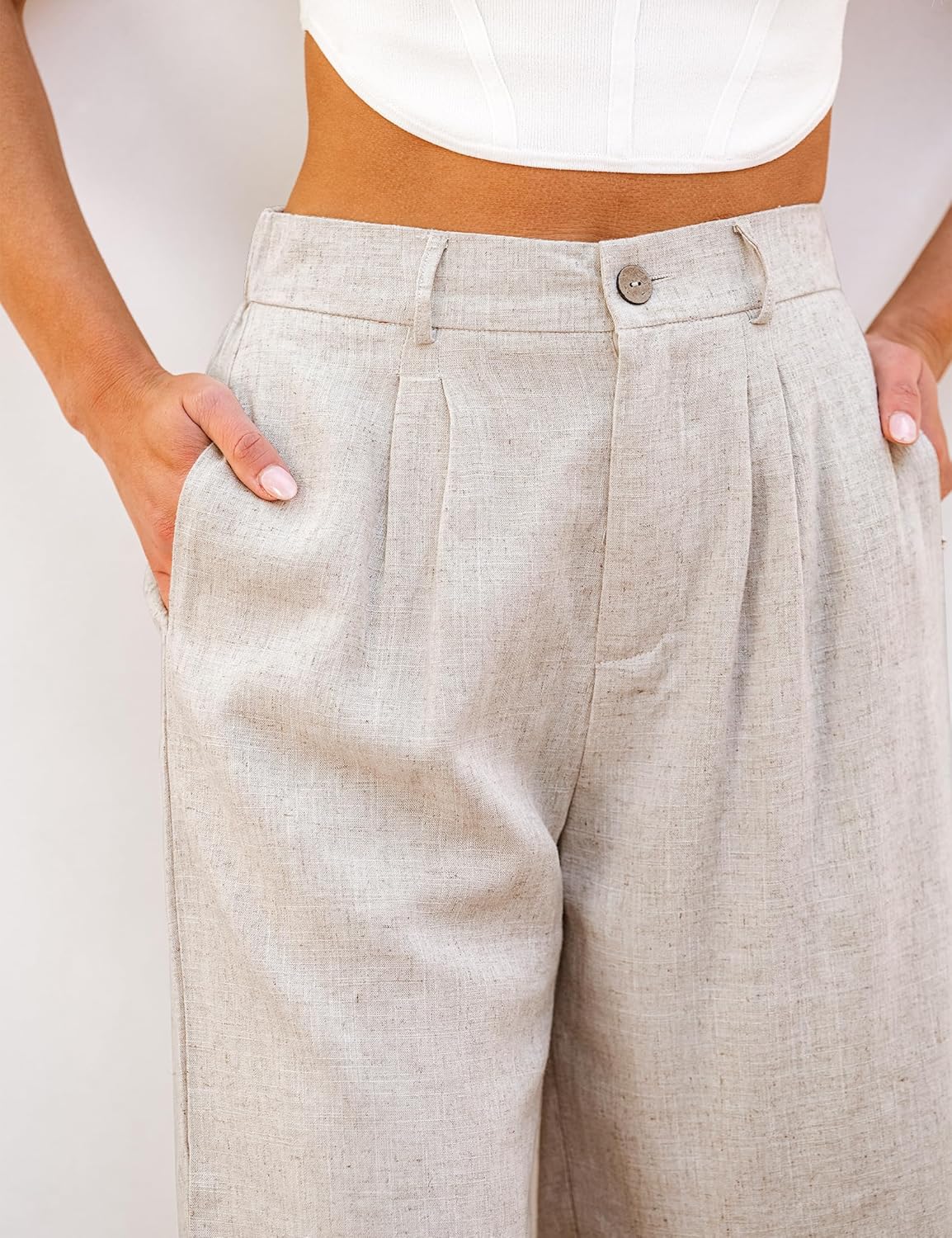 luvamia Bermuda Shorts for Women High Waisted Linen Dressy Casual Pleated Wide Leg Summer Shorts with Elastic WaistBeige