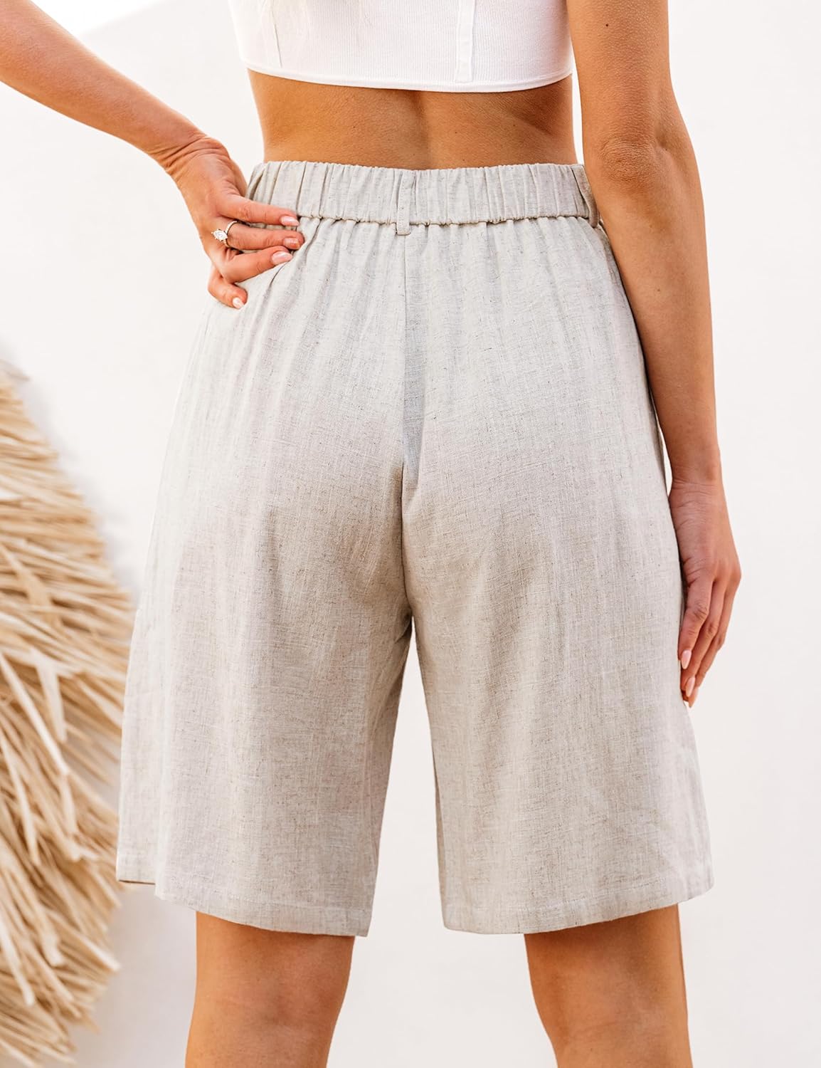 luvamia Bermuda Shorts for Women High Waisted Linen Dressy Casual Pleated Wide Leg Summer Shorts with Elastic WaistBeige