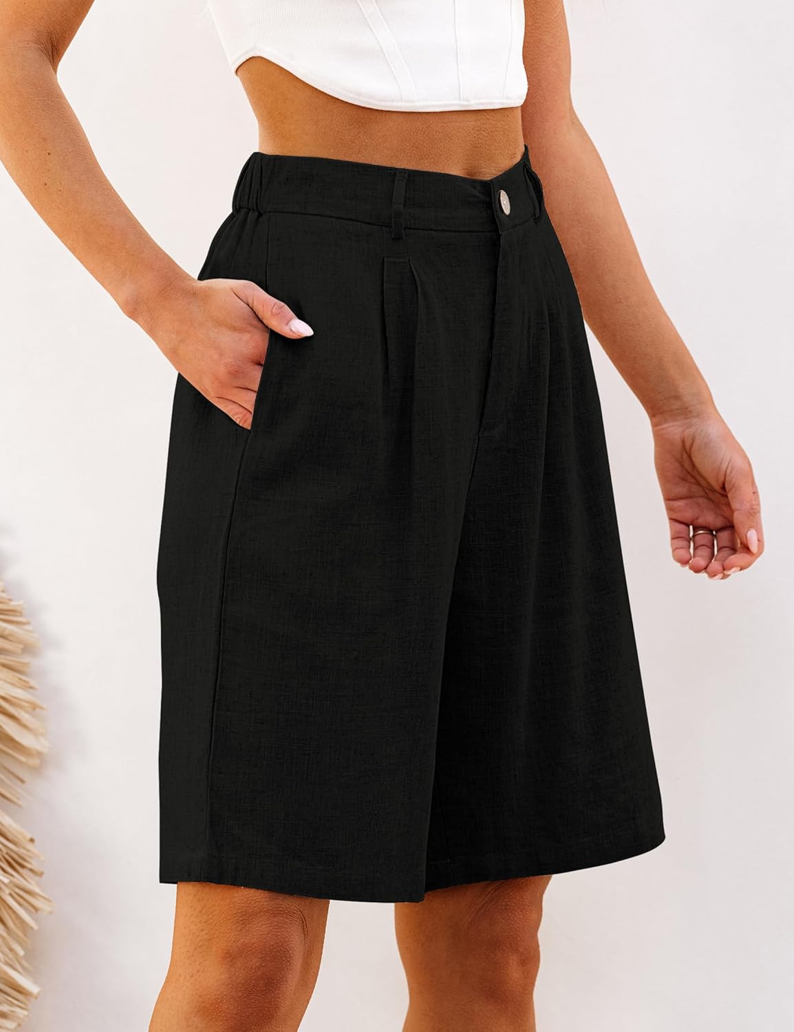 luvamia Bermuda Shorts for Women High Waisted Linen Dressy Casual Pleated Wide Leg Summer Shorts with Elastic WaistBlack