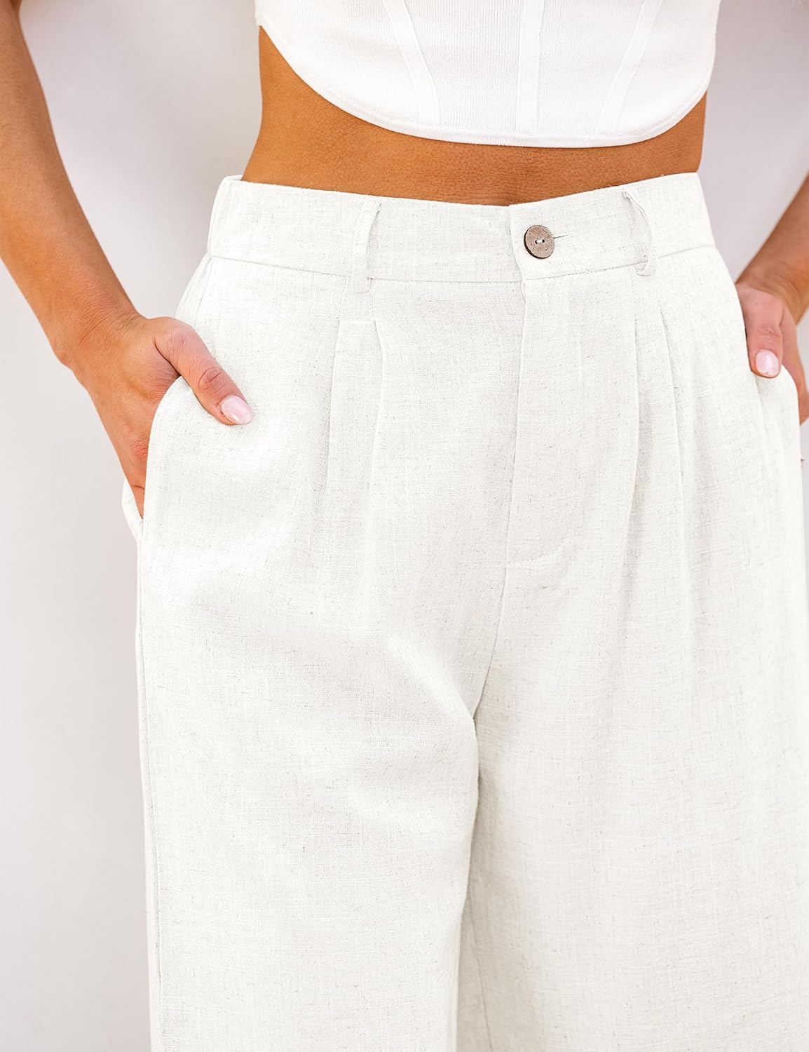 luvamia Bermuda Shorts for Women High Waisted Linen Dressy Casual Pleated Wide Leg Summer Shorts with Elastic WaistCream White