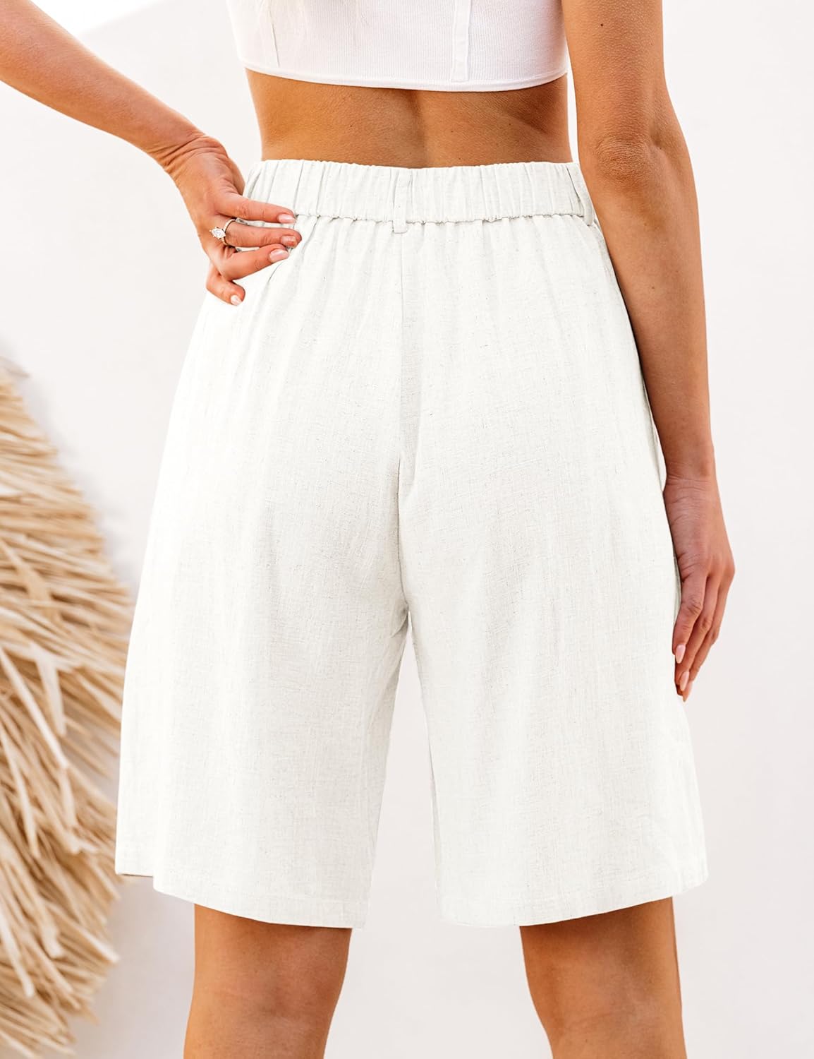 luvamia Bermuda Shorts for Women High Waisted Linen Dressy Casual Pleated Wide Leg Summer Shorts with Elastic WaistCream White
