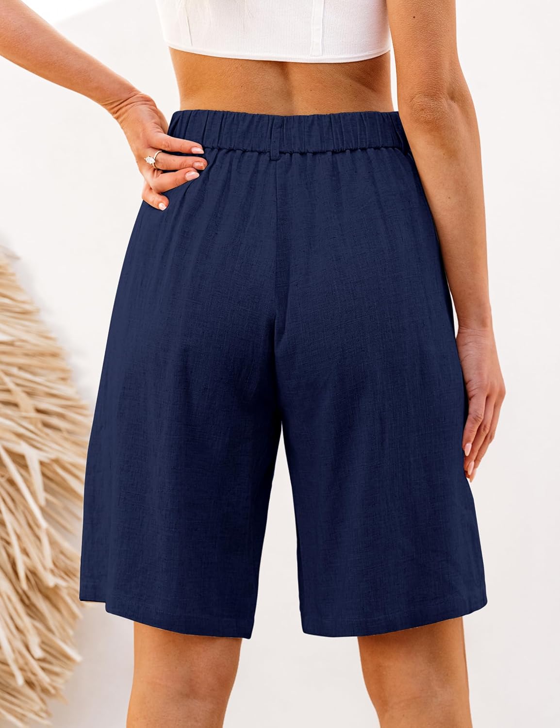luvamia Bermuda Shorts for Women High Waisted Linen Dressy Casual Pleated Wide Leg Summer Shorts with Elastic WaistDark Blue