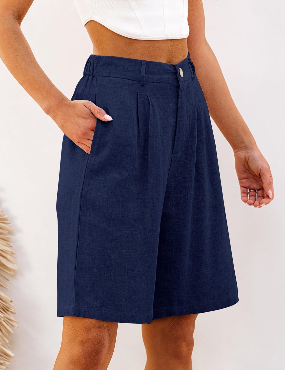 luvamia Bermuda Shorts for Women High Waisted Linen Dressy Casual Pleated Wide Leg Summer Shorts with Elastic WaistDark Blue