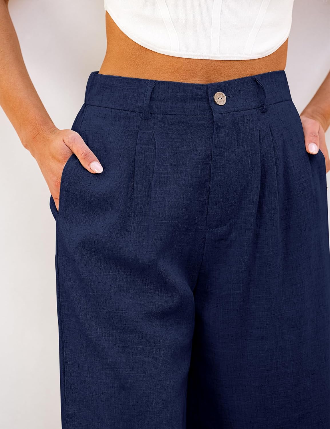 luvamia Bermuda Shorts for Women High Waisted Linen Dressy Casual Pleated Wide Leg Summer Shorts with Elastic WaistDark Blue