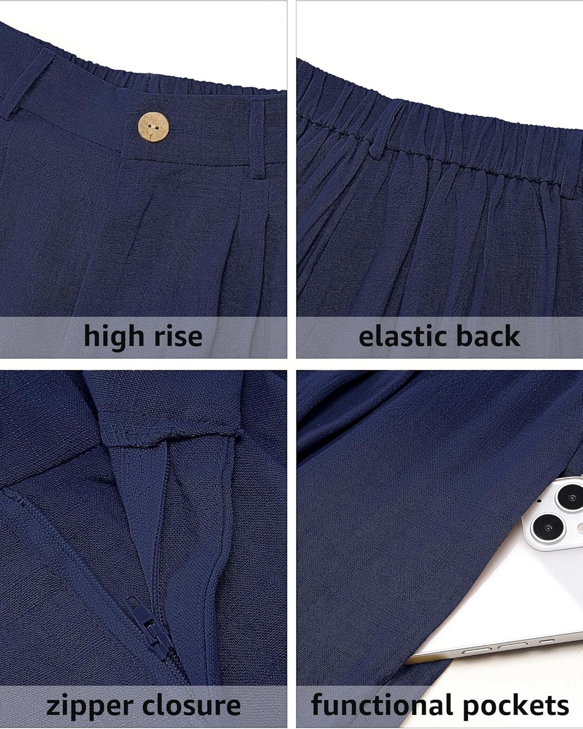luvamia Bermuda Shorts for Women High Waisted Linen Dressy Casual Pleated Wide Leg Summer Shorts with Elastic WaistDark Blue