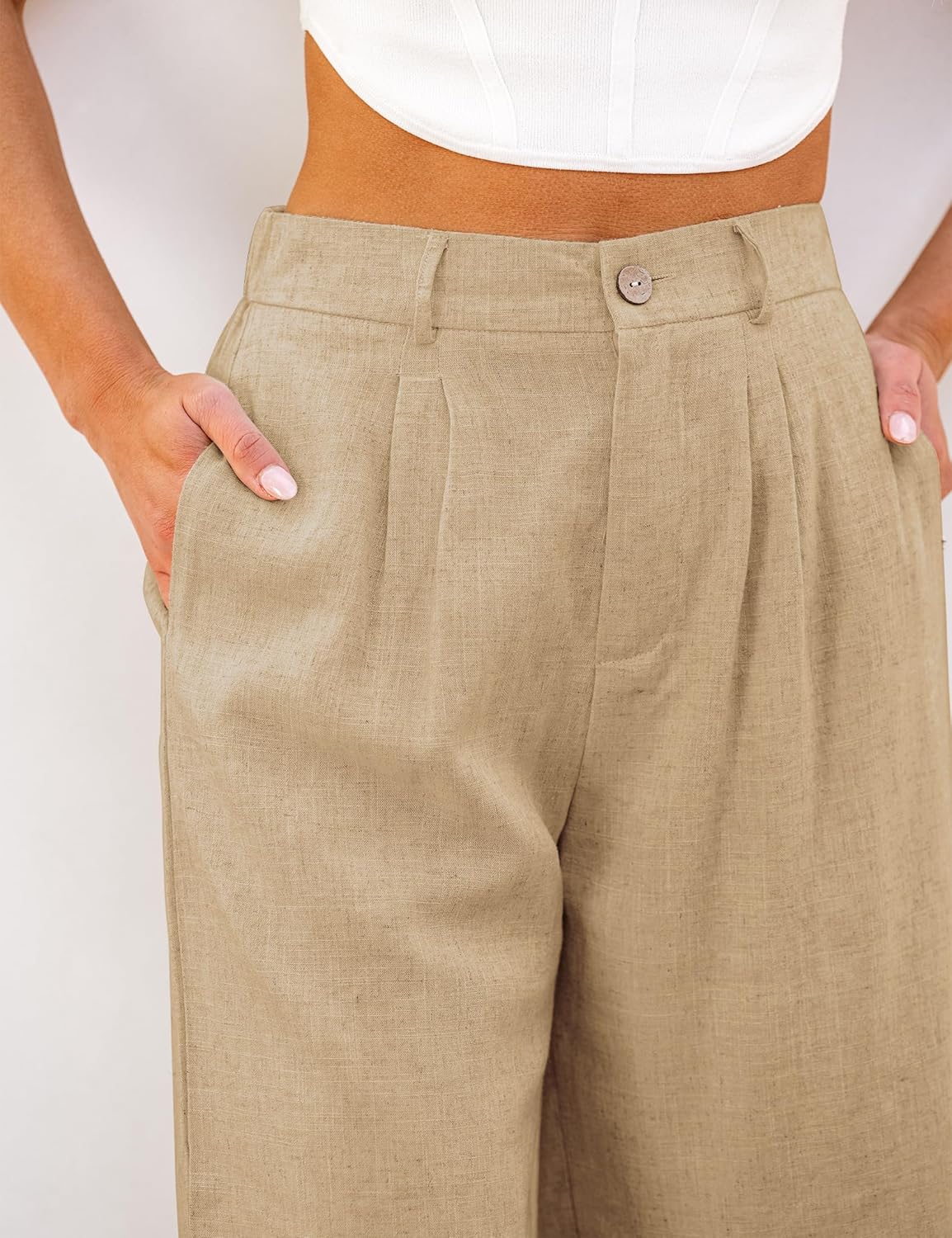 luvamia Bermuda Shorts for Women High Waisted Linen Dressy Casual Pleated Wide Leg Summer Shorts with Elastic WaistKhaki