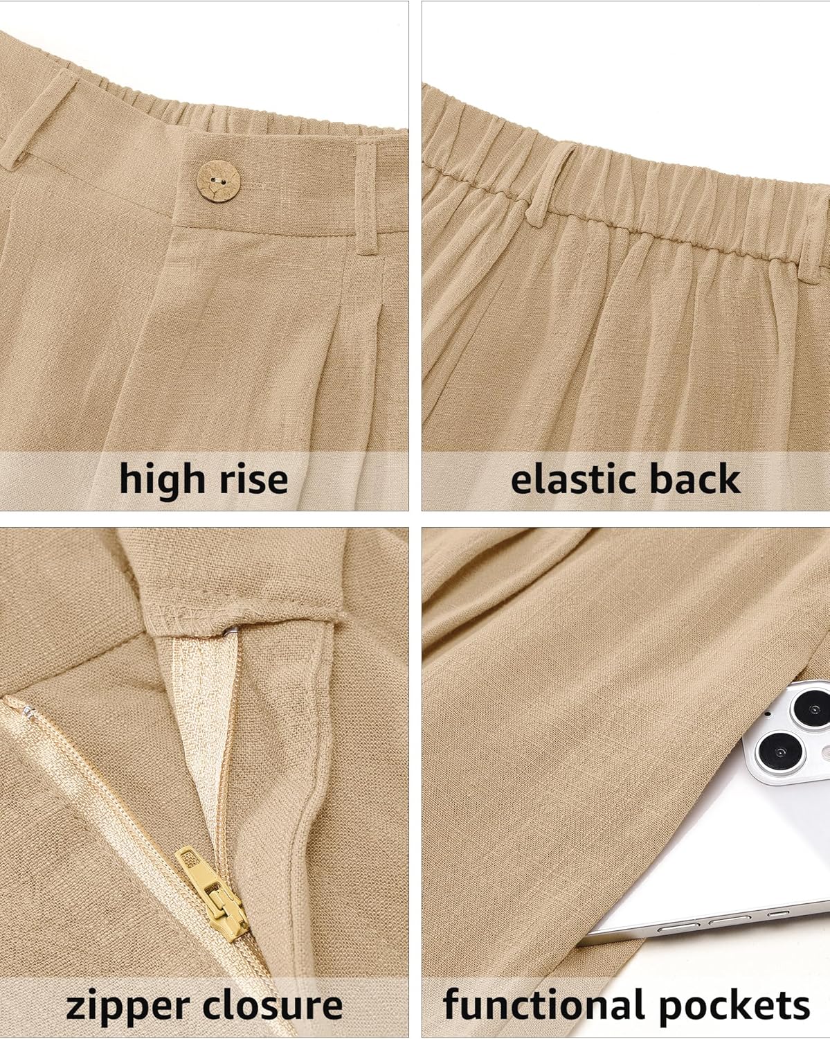 luvamia Bermuda Shorts for Women High Waisted Linen Dressy Casual Pleated Wide Leg Summer Shorts with Elastic WaistKhaki